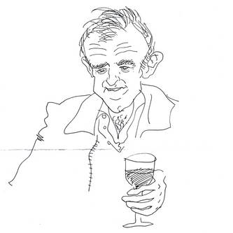 Karikatur eines Mannes mit wildem Haar und einem Glas Wein in der Hand.